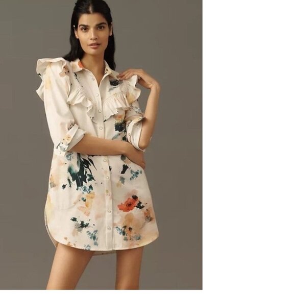 Anthropologie Dresses & Skirts - By Anthropologie Pilcro Long-Sleeve Ruffled Denim Mini Shirt Dress size M new